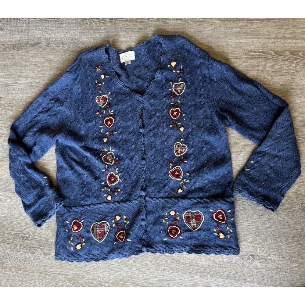 Christopher Banks Cardigan Size L Knit Hearts Grandma Sweater Classic VTG